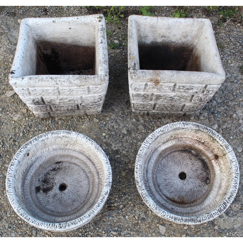 777 - Pair of composite planters with brick design and a pair of reconstituted planters with flower design... 