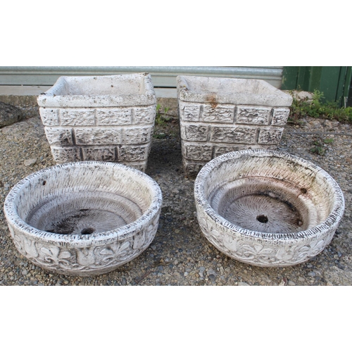 777 - Pair of composite planters with brick design and a pair of reconstituted planters with flower design... 