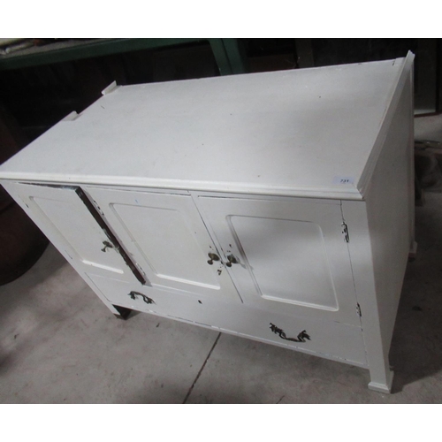 756 - Painted white side cabinet, three doors above long drawer, W112cm, D60cm, H77.5cm