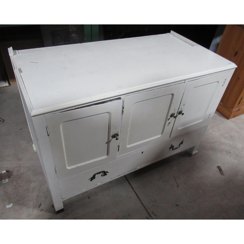 756 - Painted white side cabinet, three doors above long drawer, W112cm, D60cm, H77.5cm