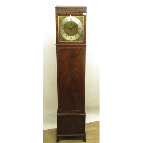 702 - Early C20th mahogany long case clock with carved Greek key decoration, brass dial with applied silve... 