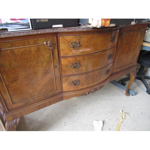 705 - Queen Anne style walnut and burr walnut serpentine sideboard on shell carved cabriole legs W140cm D5... 