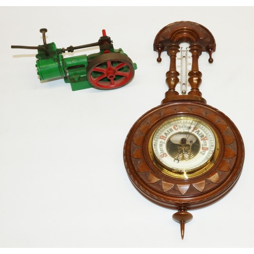 280 - Late C19th continental walnut cased aneroid barometer and thermometer, in carved case, overall H40cm... 