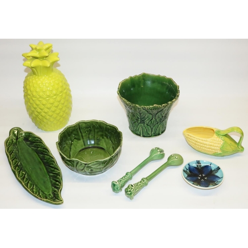 294 - Dearstris biscuit barrel in the form of a pineapple, late c19th green glazed leaf moulded jardiniere... 