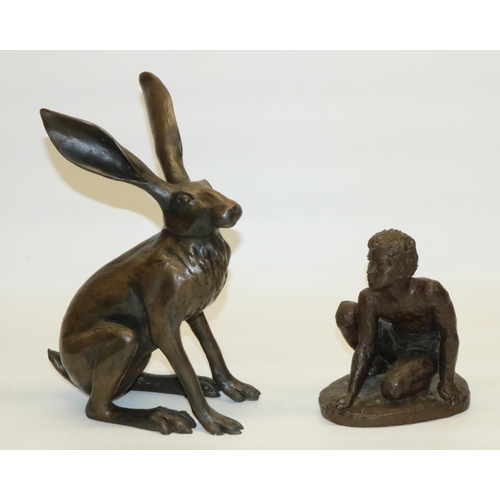 300 - C20th bronzed hare marked GM H28cm and a bronzed figure of a youth H18cm (2)