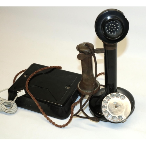 306 - 1920's G.P.O. candlestick telephone with Bakelite mouth piece and ear piece, some damage with G.P.O.... 