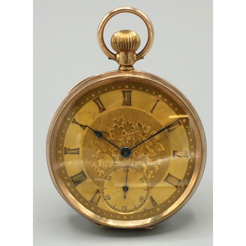 84 - Swiss 9ct rose gold open faced keyless wound and set pocket watch, engraved gold dial with applied R... 