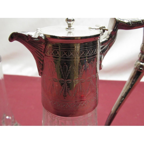 317 - Edwardian claret jug, tapering body etched with bell flowers, silver plate mount with scroll handle,... 