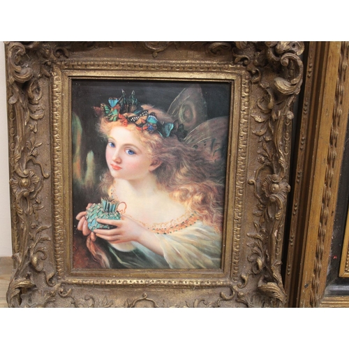 631 - Four late C20th porcelain plaques printed with decorative scenes, in ornate gilt frames, Vienna mark... 