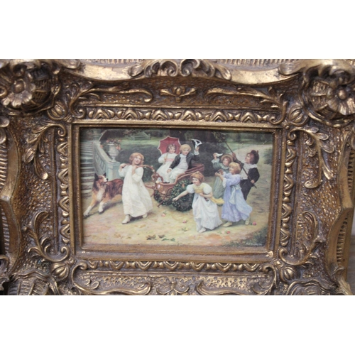 631 - Four late C20th porcelain plaques printed with decorative scenes, in ornate gilt frames, Vienna mark... 