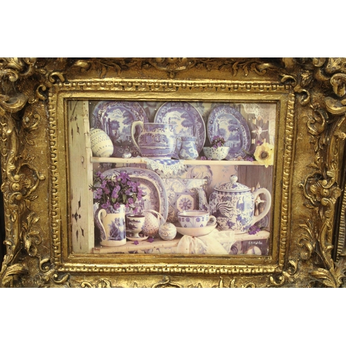 631 - Four late C20th porcelain plaques printed with decorative scenes, in ornate gilt frames, Vienna mark... 