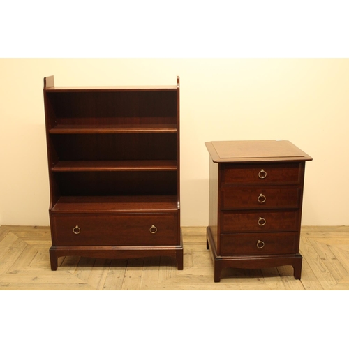 644 - Stag Minstrel waterfall bookcase, H112cm W78cm D30.5cm and a similar bedside cabinet, H71.5cm W53cm ... 