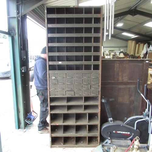 765 - Industrial metal 24 drawer storage cabinet with pigeon holes and shelves, H248.5cm W91.8 D31.2cm