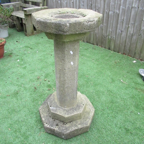 772 - Composition stone bird bath, hexagonal top and column on stepped base, H96cm