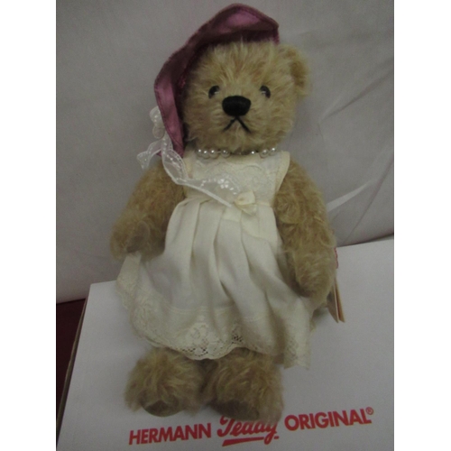 394 - Hermann Teddy Original  'Lady Ascot' teddy bear in blonde mohair with cream dress, bonnet and pearl ... 