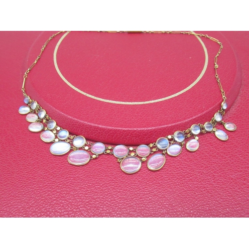 37 - Yellow metal drop necklace set with moonstone, no hallmark, L39cm, 8.4g (A/F)