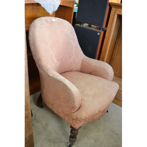 497 - Victorian mahogany framed tub chair in pink damask material