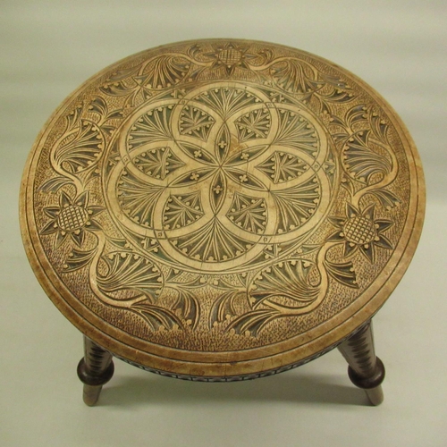 648 - Victorian turned wooden stool, dished top with scroll and floral decoration on three out splayed sup... 