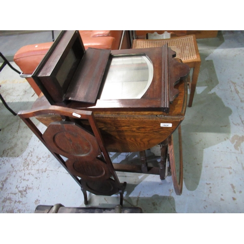 664 - Small C20th oak drop leaf table, similar folding cake stand with three octagonal tiers, bevelled edg... 