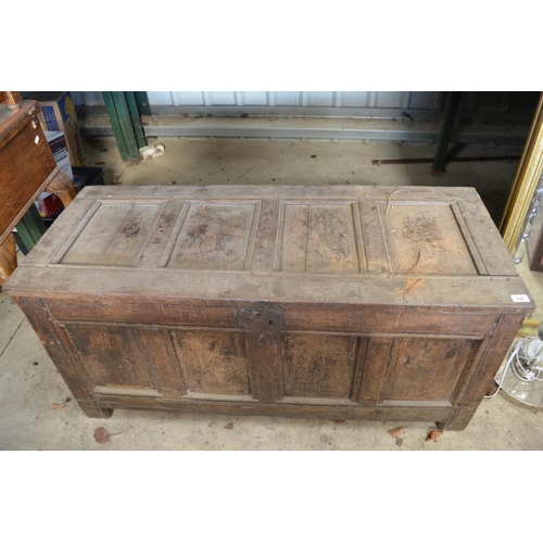 739 - C18th oak coffer, four panel top and front W125cm X D51cm X H57cm