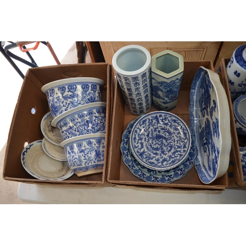 402 - Graduated set of three Chinese blue and white circular jardinieres on stands, large Chinese blue and... 