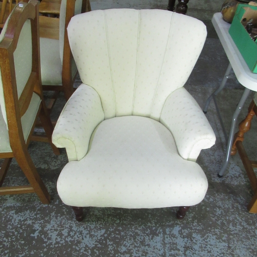 686 - Edwardian style fan back armchair, upholstered in cream repeat pattern on turned supports