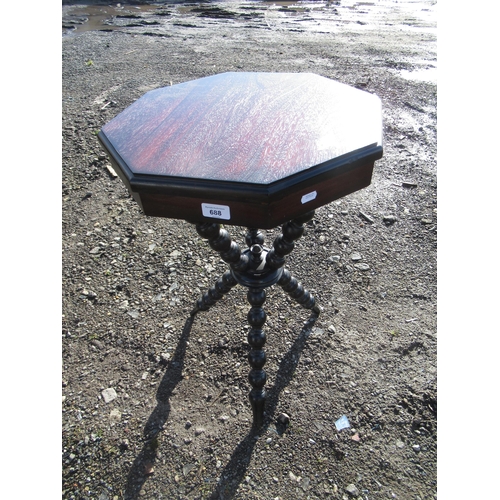 688 - C20th Gypsy type table, octagonal top on open work bobbin turned supports, D48cm x H68cm