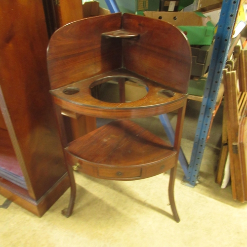 700 - George III Mahogany bow front corner wash stand, gallery back above single drawer, W57cm X D40cm X H... 