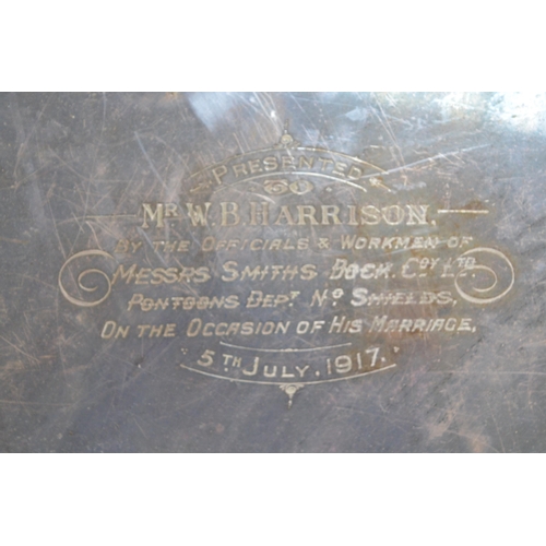 858 - Early C20th EPNS twin handled tray barring presentation inscription dated 5th July 1917 W69cm X D40c... 