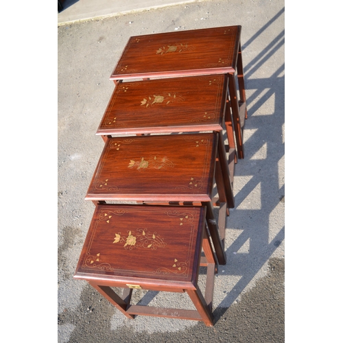 400 - Nest of four Eastern hardwood occasional tables, inlaid with scrolled brass work and flowers max W53... 