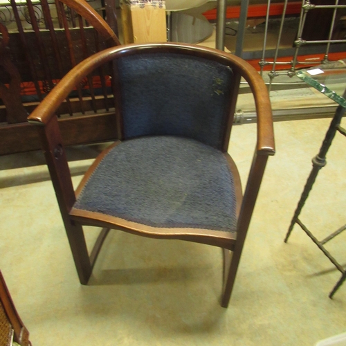 697 - Art Nouveau mahogany D shaped elbow chair, upholstered seat on curve foot, W54cm X H45cm X D75cm