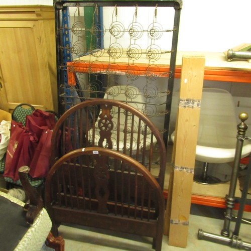 698 - C20th Oak single bedstead, arched head and foot boards with wheel splat W95cm X H126cm