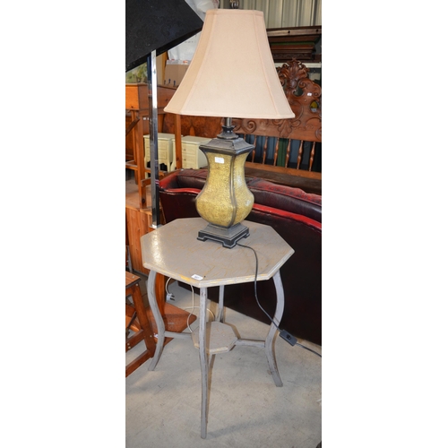 857 - Contemporary table lamp with crackle finish of hexagonal ballister form H90cm and a late C19th two t... 