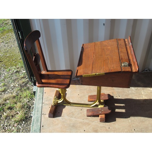 680 - Vintage unusual cast iron framed school desk and chair, hinged folding top with rose cast brass inkw... 