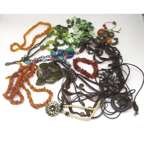 44 - Collection of costume jewellery including amber necklaces, handmade enamel floral necklace, beaded n... 