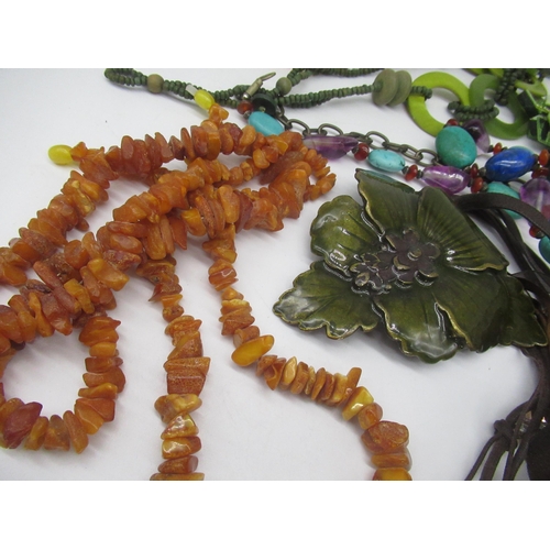 44 - Collection of costume jewellery including amber necklaces, handmade enamel floral necklace, beaded n... 