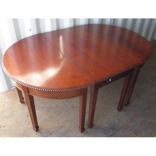 684 - Geo.III style mahogany dining table, with gadrooned border on square supports with spayed feet W120c... 