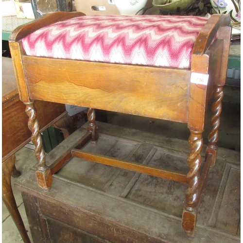 736 - Oak piano stool with lift up seat containing books on piano and music, two serenade harmonicas and a... 