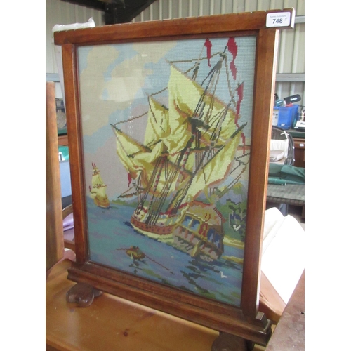 748 - Fire screen with quilt work study of a frigate W55.4cm X H67.5cm