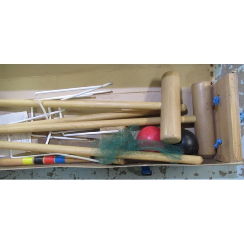 873 - Croquet set in a travelling cardboard/wood case comprising 4 mallets, 4 balls, etc.