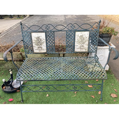 773 - C20th metal folding garden bench, back decorated with fruit tree and a plant pot W122cm D55cm H92.5c... 