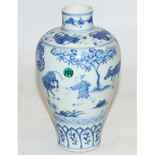 1080 - Chinese blue and white baluster vase, painted with a continuous scene of farmers tending oxen, Cheng... 