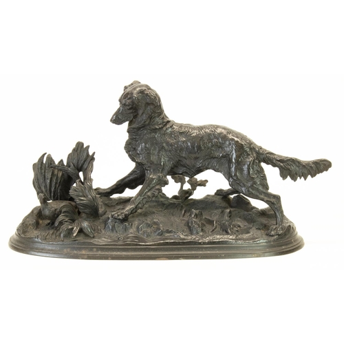 1126 - After Pierre Jules Mene: cast iron model of a Setter, flushing out a bird from foliage, on stepped o... 