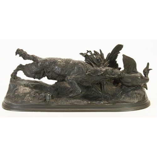 1127 - After Pierre Jules Mene: cast iron model of a Setter, flushing out a duck on an oval base, W42cm H17... 