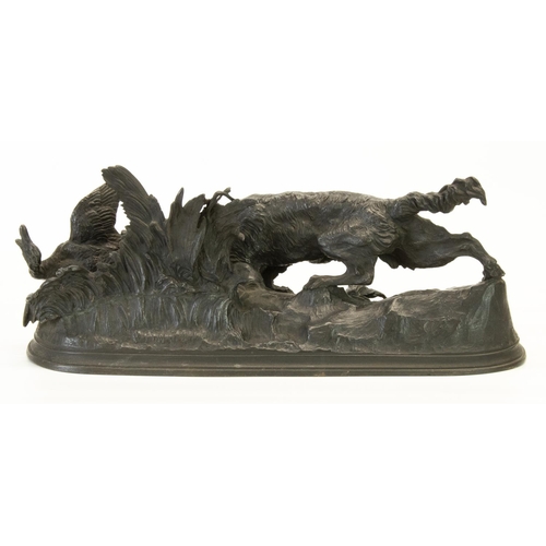 1127 - After Pierre Jules Mene: cast iron model of a Setter, flushing out a duck on an oval base, W42cm H17... 