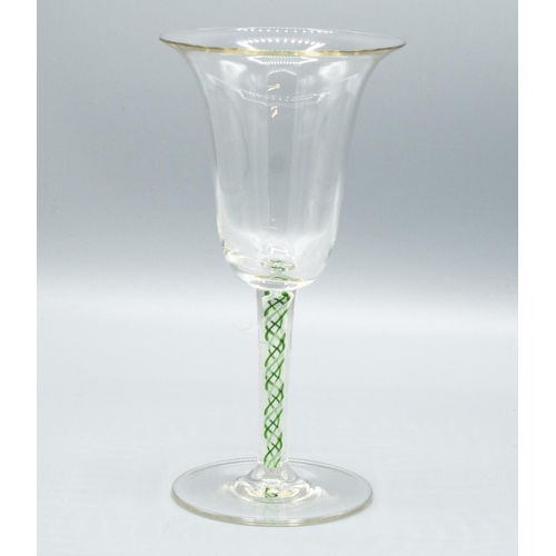 1101 - Georgian style wine glass, bell shaped bowl on green and white twist stem, circular foot, H18.5cm