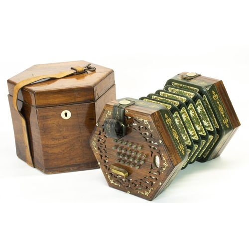 1115 - C19th century Charles Wheatstone and Co 48 key concertina,  hexagonal rosewood end panels inlaid wit... 