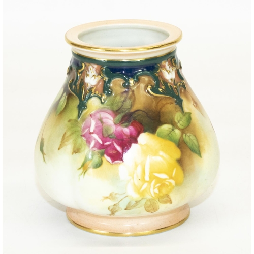 1076 - Royal Worcester small vase, tapering body painted with with pink and yellow roses and gilt relief mo... 