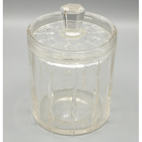 1105 - 1930s John Walsh Walsh glass biscuit barrel by Clyne Farquharson, body cut with facets and arches, l... 