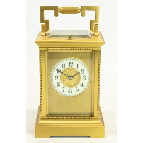 1151 - C19th French brass cased Carriage clock, bevelled glass panels with beaded column detail, white Roma... 